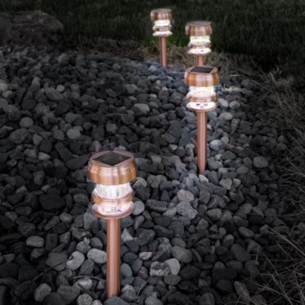 Set of 4 Solar Powered Lights, LED Outdoor Stake Fixture for Gardens, Pathways, and Patios, Copper, Nature Spring, Mfr#: 262260OLS